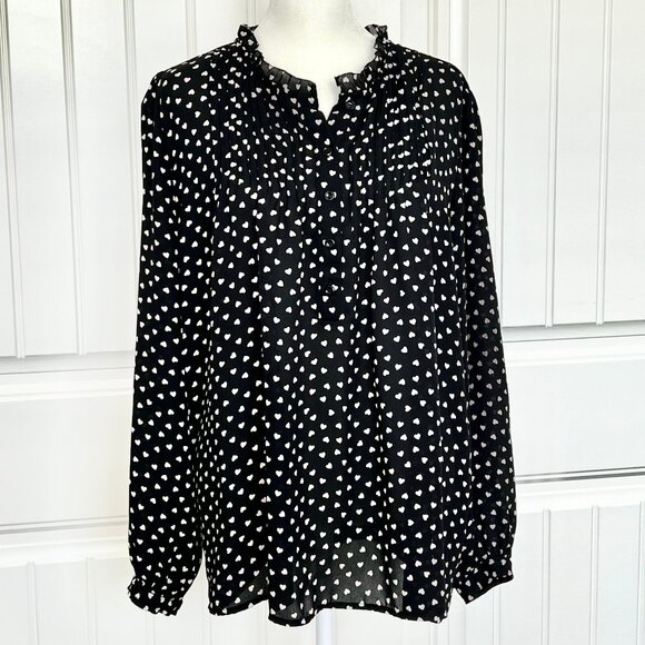 Adrianna Papell Long Sleeve Pintuck Ruffle Button Front Heart Print Blouse Sz L - Picture 6 of 13